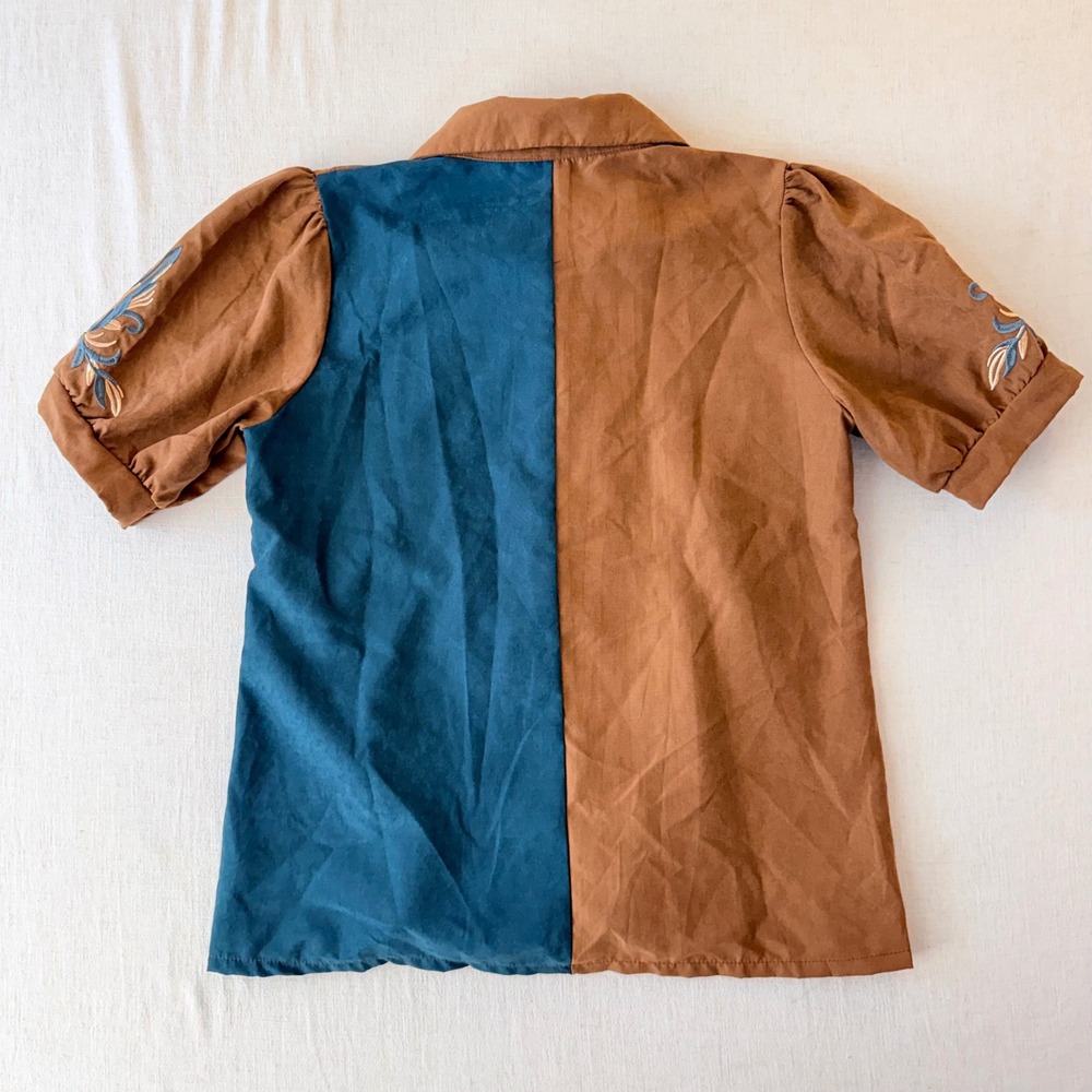 Embroidered Western Blouse Small Brown Teal Puff Sleeve Boho Cowgirl Shirt - Picture 3 of 13